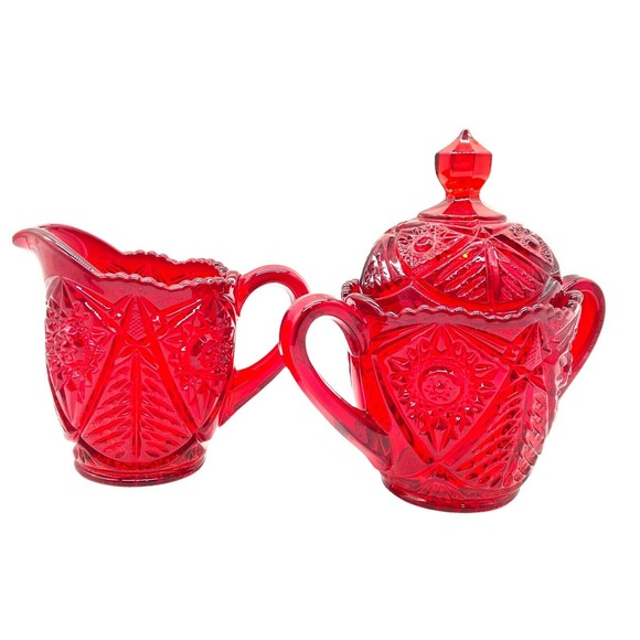 Vintage Red EAPG Glass Creamer and Sugar Bowl with Lid Deep Cut Design estate - Picture 1 of 9